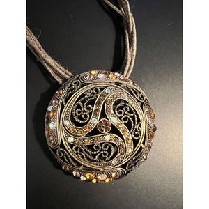 Pleasure‎ Island Rhinestone Medallion Bohemian style Khaki Copper Necklace 16"